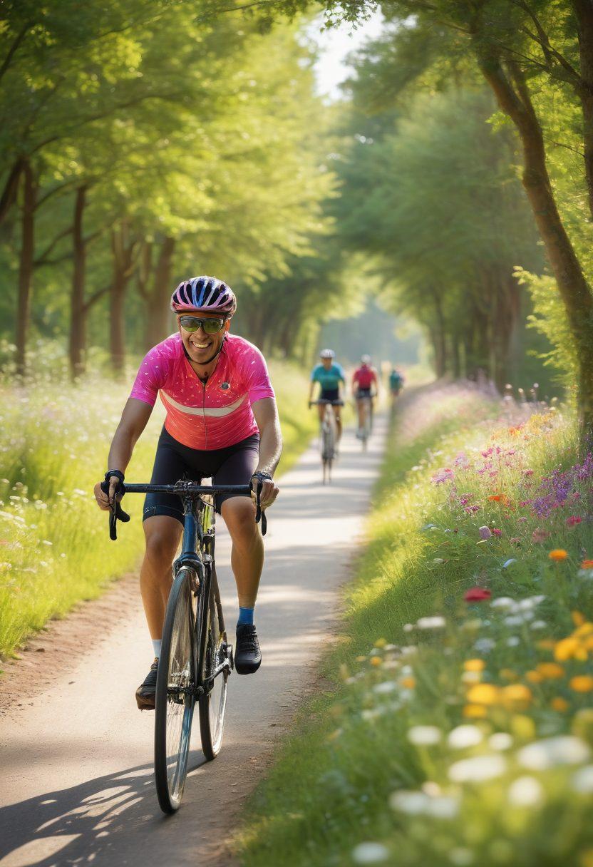 A vibrant scene depicting a diverse group of cyclists pedaling through a lush green landscape, symbolizing hope and resilience. In the background, soft-focus images of tumor cells transform into wildflowers, representing the transition from illness to health. The cyclists, with joyful expressions, wear colorful jerseys, showcasing unity and strength in the face of adversity. Sunlight filters through the trees, adding warmth to the atmosphere. vector art. vibrant colors.