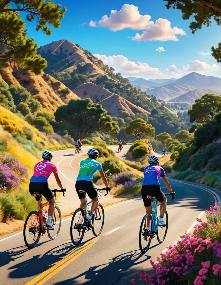 A vibrant scene showcasing a diverse group of cyclists riding through lush California landscapes, symbolizing wellness and unity in oncology. Include elements like colorful bikes, supportive gestures among cyclists, and background visuals of hills and sunlit skies. Incorporate symbols of health like ribbons representing cancer awareness subtly integrated into the scenery. super-realistic. vibrant colors. 3D.